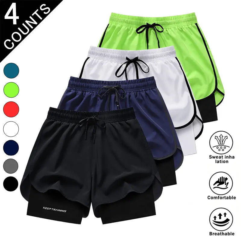Men’S 4-Pack 2-In-1 Quick-Dry & Athletic Running Shorts with Built-In Liner - Lightweight Loose-Fit 2-Layered Activewear (Black+Dark Blue+White+Neon Green), 4 Pairs to Rotate, Versatile & Stylish for Gym Training