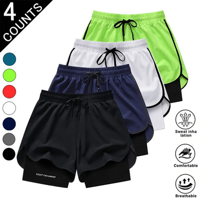 Men’S 4-Pack 2-In-1 Quick-Dry & Athletic Running Shorts with Built-In Liner - Lightweight Loose-Fit 2-Layered Activewear (Black+Dark Blue+White+Neon Green), 4 Pairs to Rotate, Versatile & Stylish for Gym Training