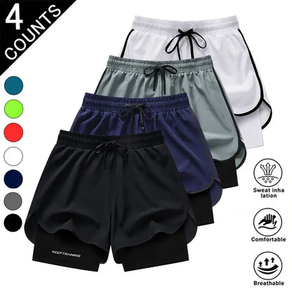 Men’S 4-Pack 2-In-1 Quick-Dry & Athletic Running Shorts with Built-In Liner - Lightweight Loose-Fit 2-Layered Activewear (Black+Dark Blue+White+Neon Green), 4 Pairs to Rotate, Versatile & Stylish for Gym Training