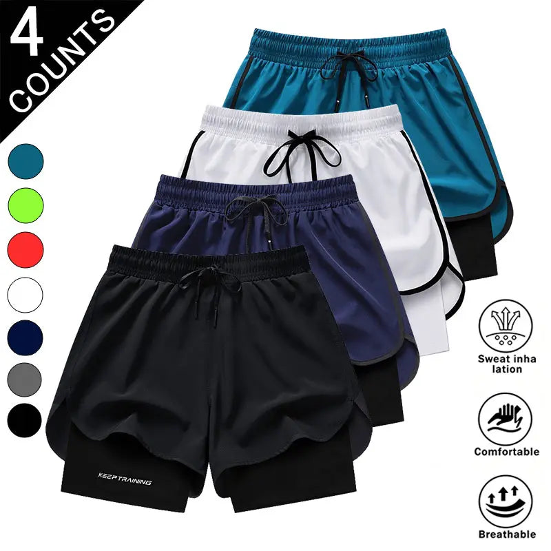Men’S 4-Pack 2-In-1 Quick-Dry & Athletic Running Shorts with Built-In Liner - Lightweight Loose-Fit 2-Layered Activewear (Black+Dark Blue+White+Neon Green), 4 Pairs to Rotate, Versatile & Stylish for Gym Training