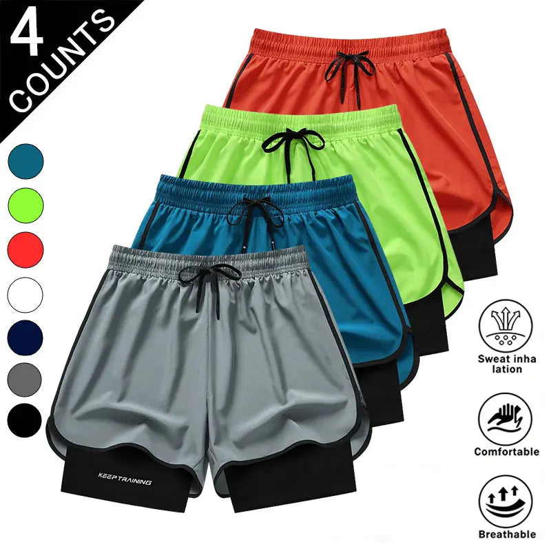 Men’S 4-Pack 2-In-1 Quick-Dry & Athletic Running Shorts with Built-In Liner - Lightweight Loose-Fit 2-Layered Activewear (Black+Dark Blue+White+Neon Green), 4 Pairs to Rotate, Versatile & Stylish for Gym Training