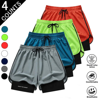 Men’S 4-Pack 2-In-1 Quick-Dry & Athletic Running Shorts with Built-In Liner - Lightweight Loose-Fit 2-Layered Activewear (Black+Dark Blue+White+Neon Green), 4 Pairs to Rotate, Versatile & Stylish for Gym Training