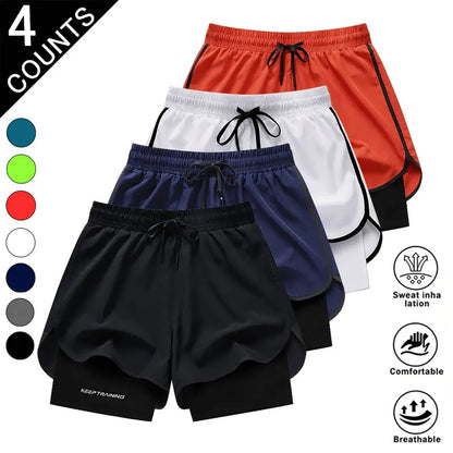 Men’S 4-Pack 2-In-1 Quick-Dry & Athletic Running Shorts with Built-In Liner - Lightweight Loose-Fit 2-Layered Activewear (Black+Dark Blue+White+Neon Green), 4 Pairs to Rotate, Versatile & Stylish for Gym Training